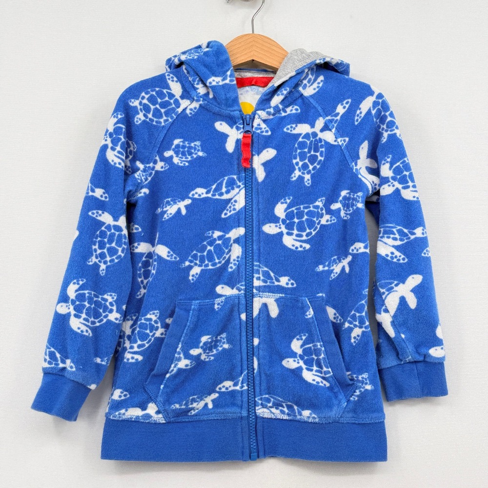 Mini Boden Zip Hoodie Kids 4-5Y Blue White Sea Turtle Terry Cloth Coastal Beach